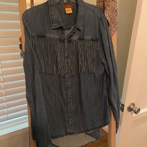 Denim fringe button down shirt